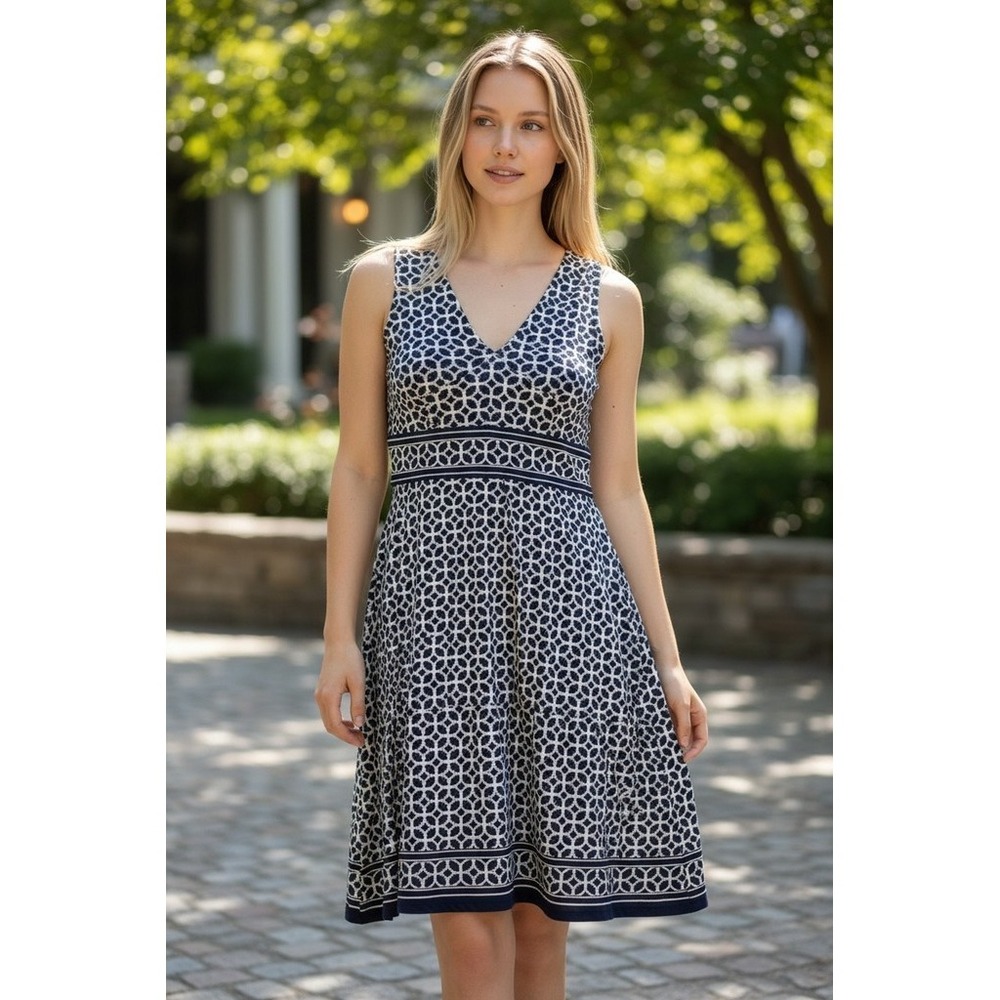 Max Studio Dress Womens Size M Navy White Geometric V-Neck Fit & Flare
